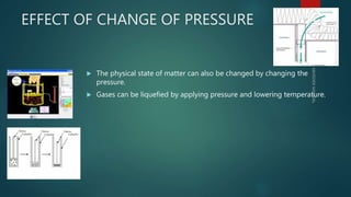 EFFECT OF CHANGE OF PRESSURE
 The physical state of matter can also be changed by changing the
pressure.
 Gases can be liquefied by applying pressure and lowering temperature.
29
 