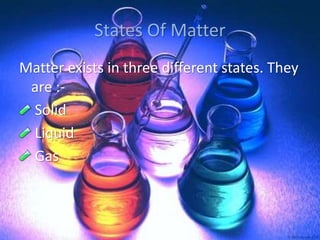 States Of Matter
Matter exists in three different states. They
are :-
Solid
Liquid
Gas
 