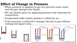 Effect of Change in Pressure
• When pressure is applied on gas the particles come closer
and the gas changes into liquid.
• We can liquefy gases by applying pressure and reducing the
temperature.
• Compressed solid carbon dioxide is called dry ice.
• If the pressure is reduced it changes directly to gas without
coming into liquid state.
 