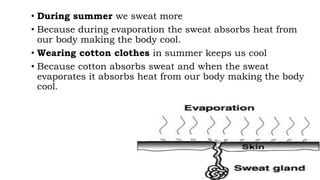 • During summer we sweat more
• Because during evaporation the sweat absorbs heat from
our body making the body cool.
• Wearing cotton clothes in summer keeps us cool
• Because cotton absorbs sweat and when the sweat
evaporates it absorbs heat from our body making the body
cool.
 