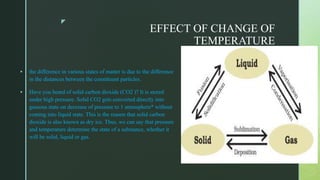 z
EFFECT OF CHANGE OF
TEMPERATURE
 the difference in various states of matter is due to the difference
in the distances between the constituent particles.
 Have you heard of solid carbon dioxide (CO2 )? It is stored
under high pressure. Solid CO2 gets converted directly into
gaseous state on decrease of pressure to 1 atmosphere* without
coming into liquid state. This is the reason that solid carbon
dioxide is also known as dry ice. Thus, we can say that pressure
and temperature determine the state of a substance, whether it
will be solid, liquid or gas.
 