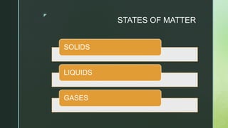 z
STATES OF MATTER
SOLIDS
LIQUIDS
GASES
 