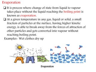 Evaporation
 It is process where change of state from liquid to vapour
takes place without the liquid reaching the boiling point is
known as evaporation.
 At a given temperature in any gas, liquid or solid, a small
fraction of particles at the surface, having higher kinetic
energy, is able to break away from the forces of attraction of
other particles and gets converted into vapour without
reaching boiling point.
Examples- Wet clothes dry up
Evaporation
 