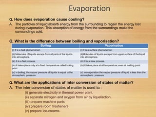 Evaporation
Q. How does evaporation cause cooling?
A. The particles of liquid absorb energy from the surrounding to regain the energy lost
during evaporation. This absorption of energy from the surroundings make the
surroundings cold.
Q. What is the difference between boiling and vaporisation?
Q. What are the applications of inter conversion of states of matter?
A. The inter conversion of states of matter is used to :
(i) generate electricity in thermal power plant.
(ii) separate nitrogen and oxygen from air by liquefaction.
(iii) prepare machine parts
(iv) prepare room fresheners
(v) prepare ice-creams.
Boiling Vaporisation
(i) It is a bulk phenomenon. (i) It is a surface phenomenon.
(ii) Molecules of liquids escape from all parts of the liquids
into atmosphere.
(ii)Molecules of liquids escape from upper surface of the liquid
into atmosphere.
(iii) It is a fast process. (iii) It is a slow process.
(iv) It takes place only at a fixed temperature called boiling
point.
(iv) It takes place at all temperature, even at melting point.
(v) In boiling, the vapour pressure of liquids is equal to the
atmospheric pressure
(v) In evaporation the vapour pressure of liquid is less than the
atmospheric pressure
 
