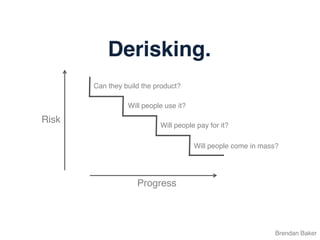 Derisking.
Brendan Baker
Risk
Progress
Can they build the product?
Will people use it?
Will people pay for it?
Will people come in mass?
 