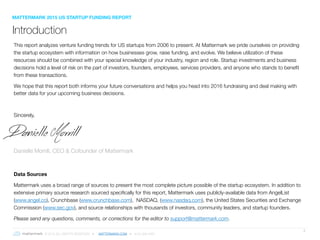 © 2016 ALL RIGHTS RESERVED ● MATTERMARK.COM ● (415) 366-6587
2
Introduction
This report analyzes venture funding trends for US startups from 2006 to present. At Mattermark we pride ourselves on providing
the startup ecosystem with information on how businesses grow, raise funding, and evolve. We believe utilization of these
resources should be combined with your special knowledge of your industry, region and role. Startup investments and business
decisions hold a level of risk on the part of investors, founders, employees, services providers, and anyone who stands to benefit
from these transactions.
We hope that this report both informs your future conversations and helps you head into 2016 fundraising and deal making with
better data for your upcoming business decisions.
Sincerely,
Danielle Morrill, CEO & Cofounder of Mattermark
Data Sources
Mattermark uses a broad range of sources to present the most complete picture possible of the startup ecosystem. In addition to
extensive primary source research sourced specifically for this report, Mattermark uses publicly-available data from AngelList
(www.angel.co), Crunchbase (www.crunchbase.com), NASDAQ, (www.nasdaq.com), the United States Securities and Exchange
Commission (www.sec.gov), and source relationships with thousands of investors, community leaders, and startup founders.
Please send any questions, comments, or corrections for the editor to support@mattermark.com.
MATTERMARK 2015 US STARTUP FUNDING REPORT
 