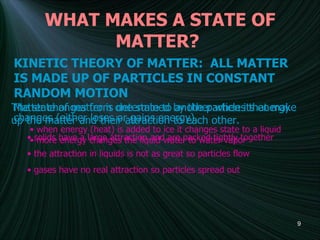 WHAT MAKES A STATE OF MATTER?   The state of matter is determined by the particles that make up the matter and their attraction to each other. solids have a large attraction and are packed tightly together the attraction in liquids is not as great so particles flow gases have no real attraction so particles spread out Matter changes from one state to another when its energy changes (either loses or gains energy). when energy (heat) is added to ice it changes state to a liquid  more energy changes the liquid water to water vapor KINETIC THEORY OF MATTER:  ALL MATTER IS MADE UP OF PARTICLES IN CONSTANT RANDOM MOTION 