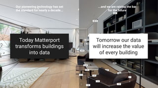 9
Our pioneering technology has set
the standard for nearly a decade...
...and we are raising the bar
for the future
Tomorrow our data
will increase the value
of every building
Today Matterport
transforms buildings
into data
 