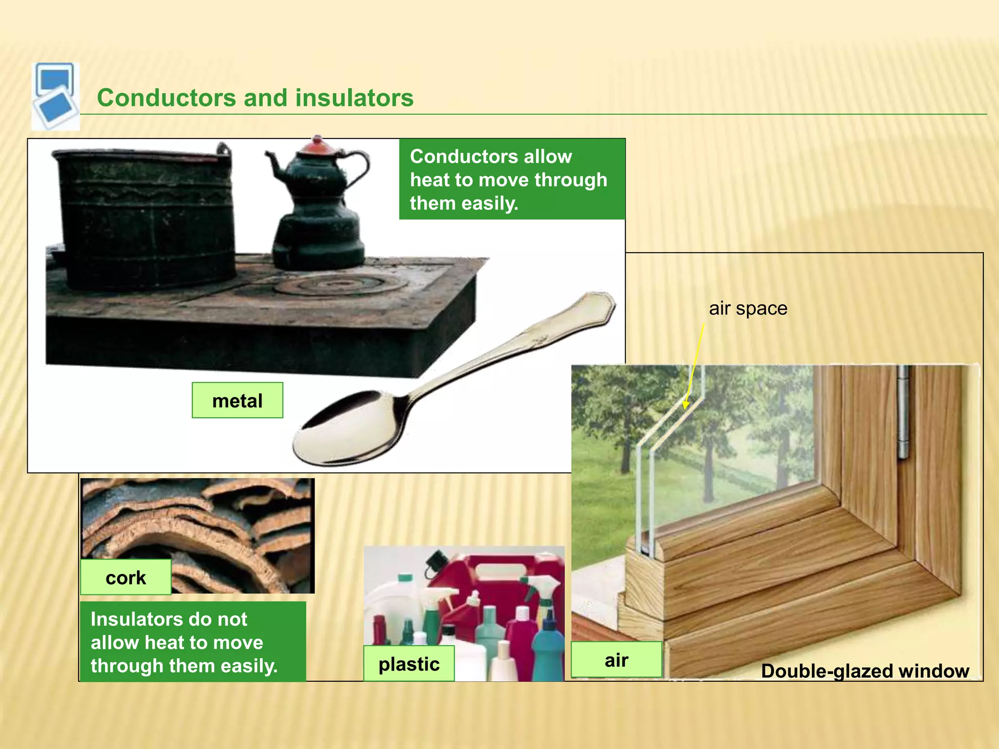 Conductors and insulators
metal
Insulators do not
allow heat to move
through them easily. plastic Double-glazed window
air
air space
cork
Conductors allow
heat to move through
them easily.
 
