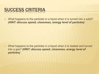 SUCCESS CRITERIA
 What happens to the particles in a liquid when it is turned into a solid?
(HINT: discuss speed, closeness, energy level of particles)
 What happens to the particles in a liquid when it is heated and turned
into a gas? (HINT: discuss speed, closeness, energy level of
particles)
 