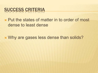 SUCCESS CRITERIA
 Put the states of matter in to order of most
dense to least dense
 Why are gases less dense than solids?
 
