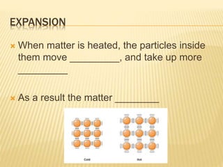 EXPANSION
 When matter is heated, the particles inside
them move _________, and take up more
_________
 As a result the matter ________
 