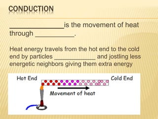 CONDUCTION
______________is the movement of heat
through __________.
Heat energy travels from the hot end to the cold
end by particles ____________ and jostling less
energetic neighbors giving them extra energy
 