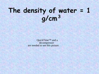 QuickTime™ and a
decompressor
are needed to see this picture.
The density of water = 1
g/cm3
 