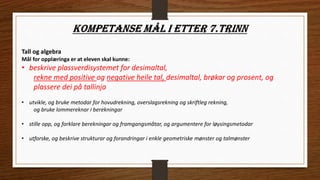 Tall og algebra
Mål for opplæringa er at eleven skal kunne:
• beskrive plassverdisystemet for desimaltal,
rekne med positive og negative heile tal, desimaltal, brøkar og prosent, og
plassere dei på tallinja
• utvikle, og bruke metodar for hovudrekning, overslagsrekning og skriftleg rekning,
og bruke lommereknar i berekningar
• stille opp, og forklare berekningar og framgangsmåtar, og argumentere for løysingsmetodar
• utforske, og beskrive strukturar og forandringar i enkle geometriske mønster og talmønster
 