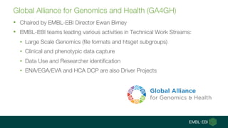 Global Alliance for Genomics and Health (GA4GH)
• Chaired by EMBL-EBI Director Ewan Birney
• EMBL-EBI teams leading variou...