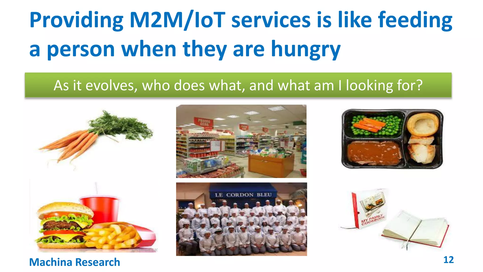 Providing M2M/IoT services is like feeding 
a person when they are hungry 
As it evolves, who does what, and what am I looking for? 
Machina Research 12 
 