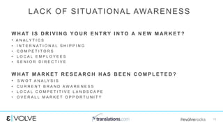 #evolverocks 11
W H AT I S D R I V I N G Y O U R E N T RY I N T O A N E W M A R K E T ?
• A N A L Y T I C S
• I N T E R N A T I O N A L S H I P P I N G
• C O M P E T I T O R S
• L O C A L E M P L O Y E E S
• S E N I O R D I R E C T I V E
W H AT M A R K E T R E S E A R C H H A S B E E N C O M P L E T E D ?
• S W O T A N A L Y S I S
• C U R R E N T B R A N D A W A R E N E S S
• L O C A L C O M P E T I T I V E L A N D S C A P E
• O V E R A L L M A R K E T O P P O R T U N I T Y
LACK OF SITUATIONAL AWARENESS
 