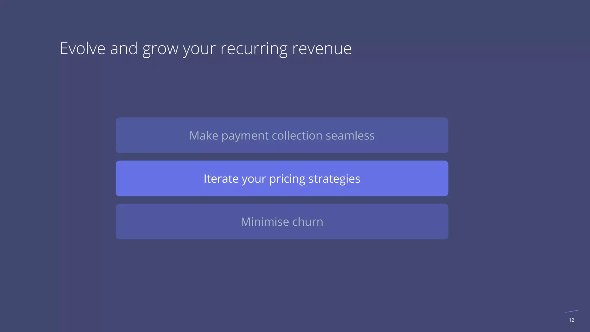 12
Evolve and grow your recurring revenue
Iterate your pricing strategies
Make payment collection seamless
Minimise churn
 