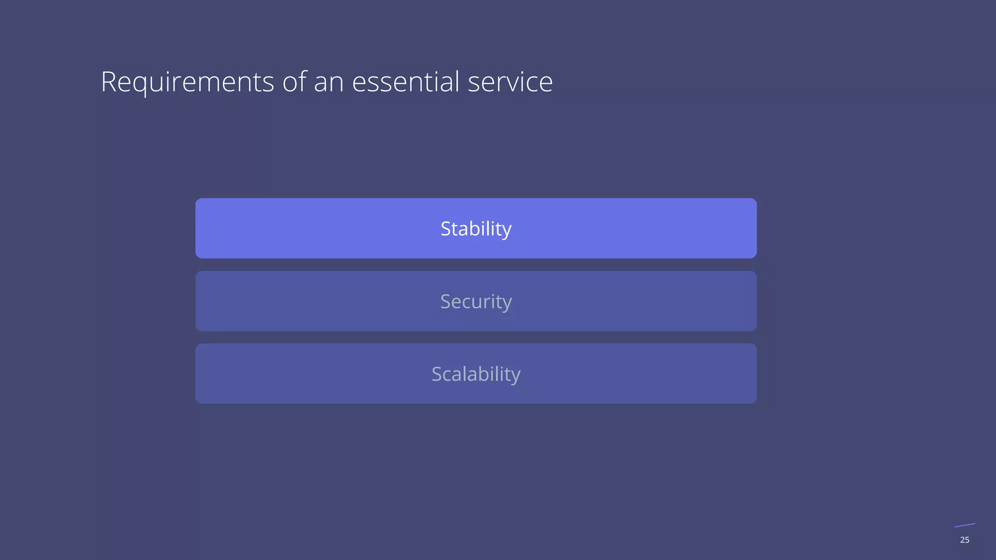 25
Stability
Security
Scalability
Requirements of an essential service
 