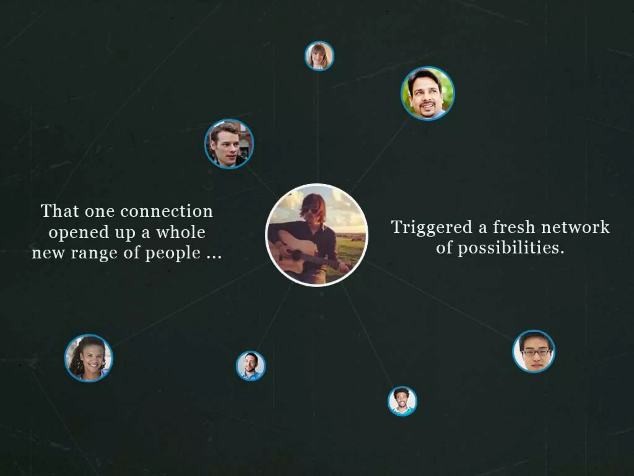 That one connection opened up a whole new range of people
Triggered a fresh network of possibilities.
 