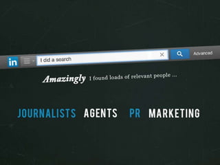 I did a search
Amazingly I found loads of relevant people…
JOURNALISTS AGENTS PR MARKETING
 