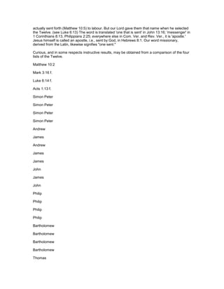 actually sent forth (Matthew 10:5) to labour. But our Lord gave them that name when he selected
the Twelve. (see Luke 6:13) The word is translated 'one that is sent' in John 13:16; 'messenger' in
1 Corinthians 8:13, Philippians 2:25; everywhere else in Com. Ver. and Rev. Ver., it is 'apostle.'
Jesus himself is called an apostle, i.e., sent by God, in Hebrews 8:1. Our word missionary,
derived from the Latin, likewise signifies "one sent."
Curious, and in some respects instructive results, may be obtained from a comparison of the four
lists of the Twelve.
Matthew 10:2
Mark 3:16 f.
Luke 6:14 f.
Acts 1:13 f.
Simon Peter
Simon Peter
Simon Peter
Simon Peter
Andrew
James
Andrew
James
James
John
James
John
Philip
Philip
Philip
Philip
Bartholomew
Bartholomew
Bartholomew
Bartholomew
Thomas
 