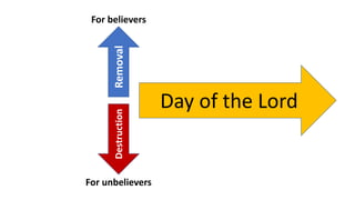 Day of the Lord
Removal
Destruction
For believers
For unbelievers
 