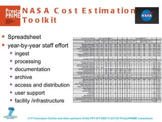 NASA Cost Estimation Toolkit <ul><li>Spreadsheet </li></ul><ul><li>year-by-year staff effort  </li></ul><ul><ul><li>ingest...
