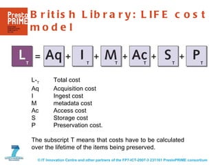 British Library: LIFE cost model L­ T Total cost Aq Acquisition cost I  Ingest cost M  metadata cost Ac  Access cost S  St...