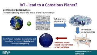 iwceexpo.com/nif16
#IWCE2016
IoT - lead to a Conscious Planet?
Definition of Consciousness
“the state of being awake and aware of one's surroundings”
IoT data from
physical world
Information
on surroundings
Intelligent action
based on awareness
of surroundings
the IoT is an invitation for humanity and
the planet to connect digitally and
co-evolve intelligently
 