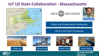 iwceexpo.com/nif16
#IWCE2016
IoT US State Collaboration - Massachusetts
21
Public and Private Sector Partnership
100 IoT and Tech Companies
Smart Ag Smart Ports Smart Cities Smart Shore
Chris Rezendes
 
