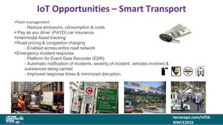 iwceexpo.com/nif16
#IWCE2016
IoT Opportunities – Smart Transport
23
Fleet management
- Reduce emissions, consumption & costs
‘Pay as you drive’ (PAYD) car insurance
Intermodal Asset tracking
Road pricing & congestion charging
- Enabled across entire road network
Emergency incident response
- Platform for Event Data Recorder (EDR)
- Automatic notification of incidents, severity of incident, vehicles involved &
substances being carried
- Improved response times & minimized disruption
23
 