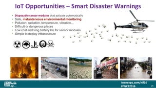 iwceexpo.com/nif16
#IWCE2016
IoT Opportunities – Smart Disaster Warnings
2525SMART Logistics – Where is that container?
• Disposable sensor modules that activate automatically
• Safe, instantaneous environmental monitoring
• Pollution, radiation, temperature, vibration…
• Difficult or dangerous places
• Low cost and long battery life for sensor modules
• Simple to deploy infrastructure
25
 