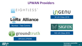 iwceexpo.com/nif16
#IWCE2016
LPWAN Providers
29
30 US Cities 2016
Mumbai - Tata Comms
100 US Cities 2016
Off-Grid LPWAN
 