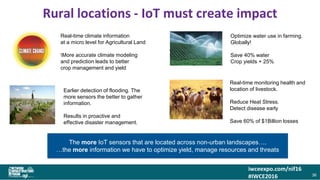 iwceexpo.com/nif16
#IWCE2016
Rural locations - IoT must create impact
36
Real-time climate information
at a micro level for Agricultural Land
More accurate climate modeling
and prediction leads to better
crop management and yield
Optimize water use in farming.
Globally!
Save 40% water
Crop yields + 25%
Real-time monitoring health and
location of livestock.
Reduce Heat Stress.
Detect disease early
Save 60% of $1Billion losses
Earlier detection of flooding. The
more sensors the better to gather
information.
Results in proactive and
effective disaster management.
The more IoT sensors that are located across non-urban landscapes….
…the more information we have to optimize yield, manage resources and threats
 