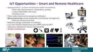 iwceexpo.com/nif16
#IWCE2016
IoT Opportunities – Smart and Remote Healthcare
4242SMART Logistics – Where is that container?
• Aging population – in-home monitoring for health and wellbeing
- Heart rate, blood pressure, temperature, position
- Lowers total health care costs
- Assisted Living
• Panic button alarms and emergency notification
• Rural community remote diagnostics and disease management
- Reduces barriers to access
• Medicine dosage notification and delivery
• Low cost network Infrastructure and ARPU (device) KEY
• Ubiquitous standard for device interoperability
• Simpler architectures!
 