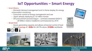 iwceexpo.com/nif16
#IWCE2016
IoT Opportunities – Smart Energy
4343
43
• Smart Meters:
• Domestic demand management and In-Home display for energy
consumption monitoring
• Consumer control of energy management and use
• Japan already deploying to 10 million homes
• UK procurement process begun – contracts awarded Q42012
- 28 Million meters installed & commissioned by 2016
• Smart Grid:
• Saves generating capacity and allows enhanced control of load
• Annual savings of ~$2Bn for UK Plc alone, $100Bn worldwide
43
 