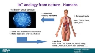 iwceexpo.com/nif16
#IWCE2016
IoT analogy from nature - Humans
2. Send data
via body networks
3. Store data and Process information
4. Make Decisions and Take Action
5. Actions
Run, Walk, Cry, Speak, Sit, Write, Sleep,
Read, Create, Eat, Pain, Joy, Sadness…….
1. Sensory inputs
Hear, Touch, Taste,
Smell, See
The Brain = Cloud Computer
 
