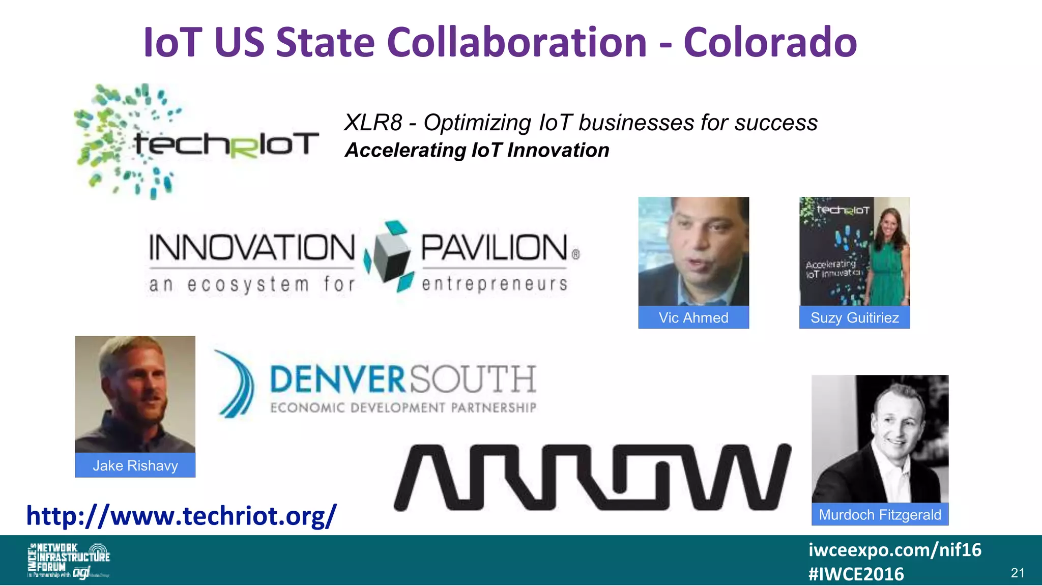 iwceexpo.com/nif16
#IWCE2016
IoT US State Collaboration - Colorado
21
Accelerating IoT Innovation
Jake Rishavy
Vic Ahmed Suzy Guitiriez
Murdoch Fitzgerald
XLR8 - Optimizing IoT businesses for success
http://www.techriot.org/
 