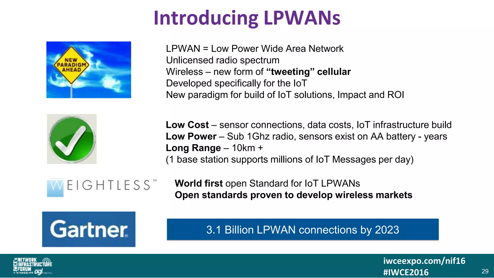 iwceexpo.com/nif16
#IWCE2016
Introducing LPWANs
29
LPWAN = Low Power Wide Area Network
Unlicensed radio spectrum
Wireless – new form of “tweeting” cellular
Developed specifically for the IoT
New paradigm for build of IoT solutions, Impact and ROI
World first open Standard for IoT LPWANs
Open standards proven to develop wireless markets
Low Cost – sensor connections, data costs, IoT infrastructure build
Low Power – Sub 1Ghz radio, sensors exist on AA battery - years
Long Range – 10km +
(1 base station supports millions of IoT Messages per day)
3.1 Billion LPWAN connections by 2023
 