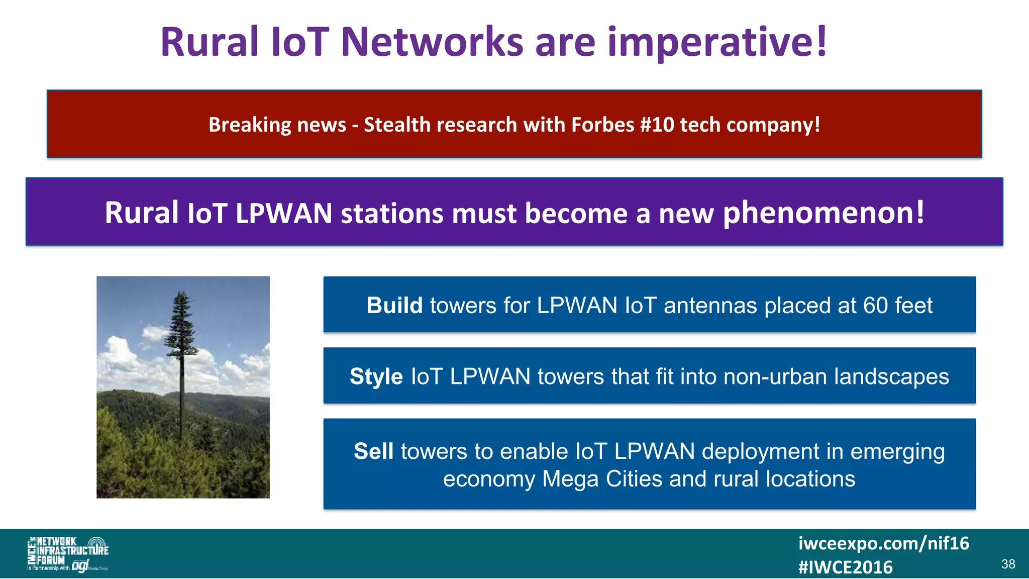 iwceexpo.com/nif16
#IWCE2016
Rural IoT Networks are imperative!
38
The more sensors that are located across non-urban landscapes….
…the more information we have to optimize yield, manage resources and threats
Build towers for LPWAN IoT antennas placed at 60 feet
Style IoT LPWAN towers that fit into non-urban landscapes
Sell towers to enable IoT LPWAN deployment in emerging
economy Mega Cities and rural locations
Breaking news - Stealth research with Forbes #10 tech company!
Rural IoT LPWAN stations must become a new phenomenon!
 