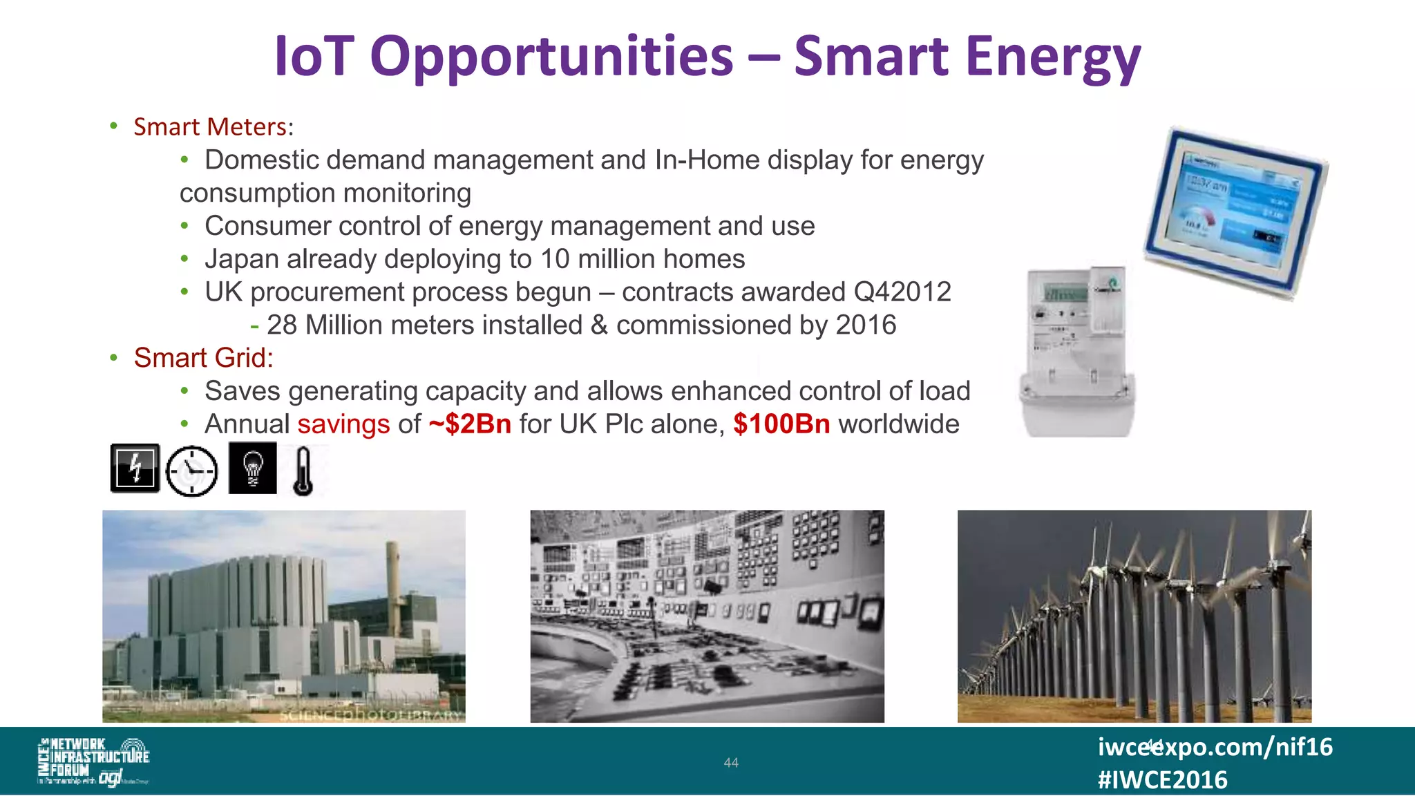 iwceexpo.com/nif16
#IWCE2016
IoT Opportunities – Smart Energy
4444
44
• Smart Meters:
• Domestic demand management and In-Home display for energy
consumption monitoring
• Consumer control of energy management and use
• Japan already deploying to 10 million homes
• UK procurement process begun – contracts awarded Q42012
- 28 Million meters installed & commissioned by 2016
• Smart Grid:
• Saves generating capacity and allows enhanced control of load
• Annual savings of ~$2Bn for UK Plc alone, $100Bn worldwide
44
 