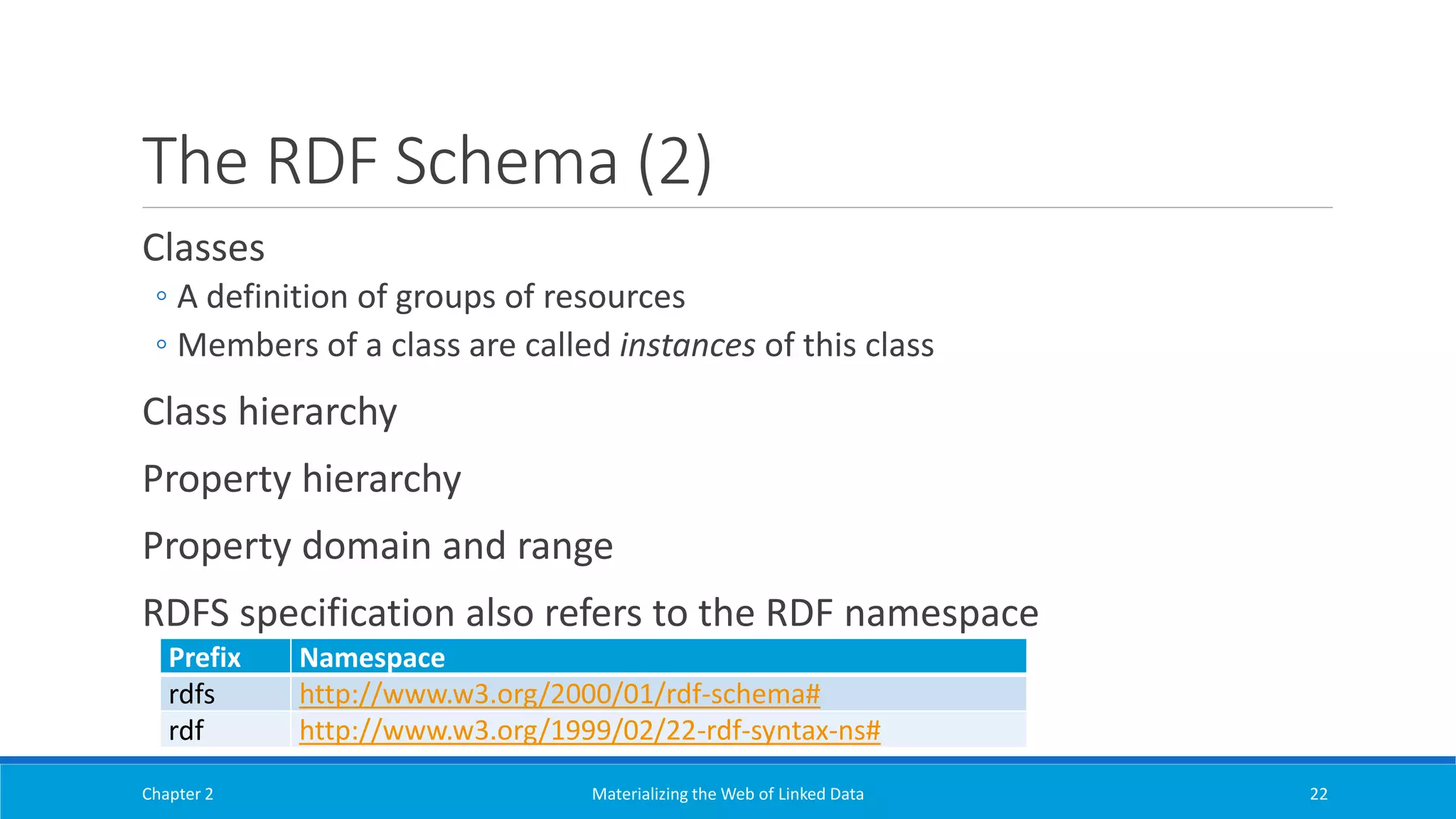 The RDF Schema (2)
Classes
◦ A definition of groups of resources
◦ Members of a class are called instances of this class
Class hierarchy
Property hierarchy
Property domain and range
RDFS specification also refers to the RDF namespace
Chapter 2 Materializing the Web of Linked Data 22
Prefix Namespace
rdfs http://www.w3.org/2000/01/rdf-schema#
rdf http://www.w3.org/1999/02/22-rdf-syntax-ns#
 