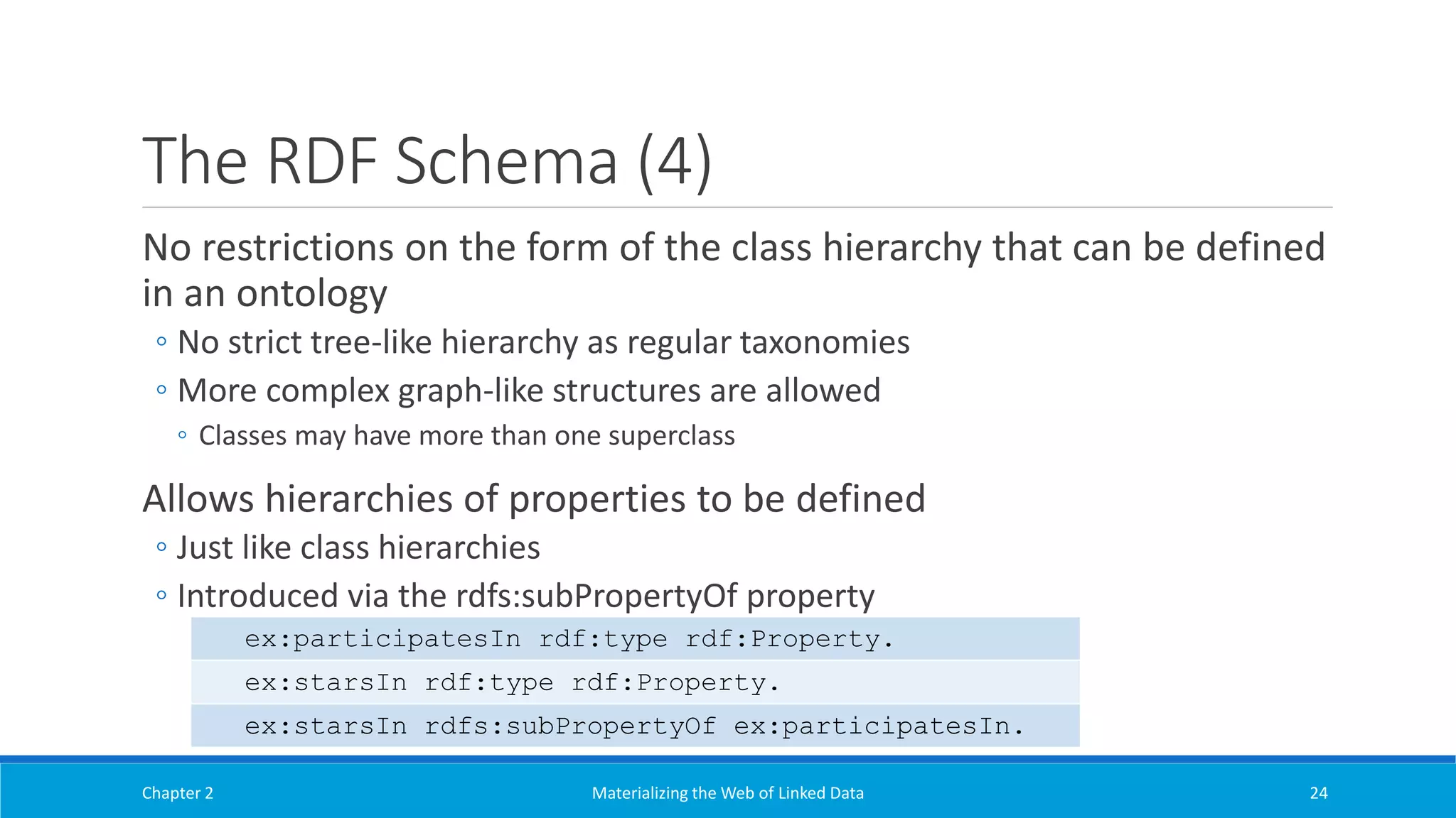 The RDF Schema (4)
No restrictions on the form of the class hierarchy that can be defined
in an ontology
◦ No strict tree-like hierarchy as regular taxonomies
◦ More complex graph-like structures are allowed
◦ Classes may have more than one superclass
Allows hierarchies of properties to be defined
◦ Just like class hierarchies
◦ Introduced via the rdfs:subPropertyOf property
Chapter 2 Materializing the Web of Linked Data 24
ex:participatesIn rdf:type rdf:Property.
ex:starsIn rdf:type rdf:Property.
ex:starsIn rdfs:subPropertyOf ex:participatesIn.
 