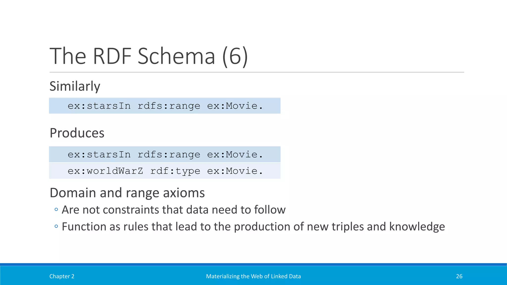 The RDF Schema (6)
Similarly
Produces
Domain and range axioms
◦ Are not constraints that data need to follow
◦ Function as rules that lead to the production of new triples and knowledge
Chapter 2 Materializing the Web of Linked Data 26
ex:starsIn rdfs:range ex:Movie.
ex:worldWarZ rdf:type ex:Movie.
ex:starsIn rdfs:range ex:Movie.
 