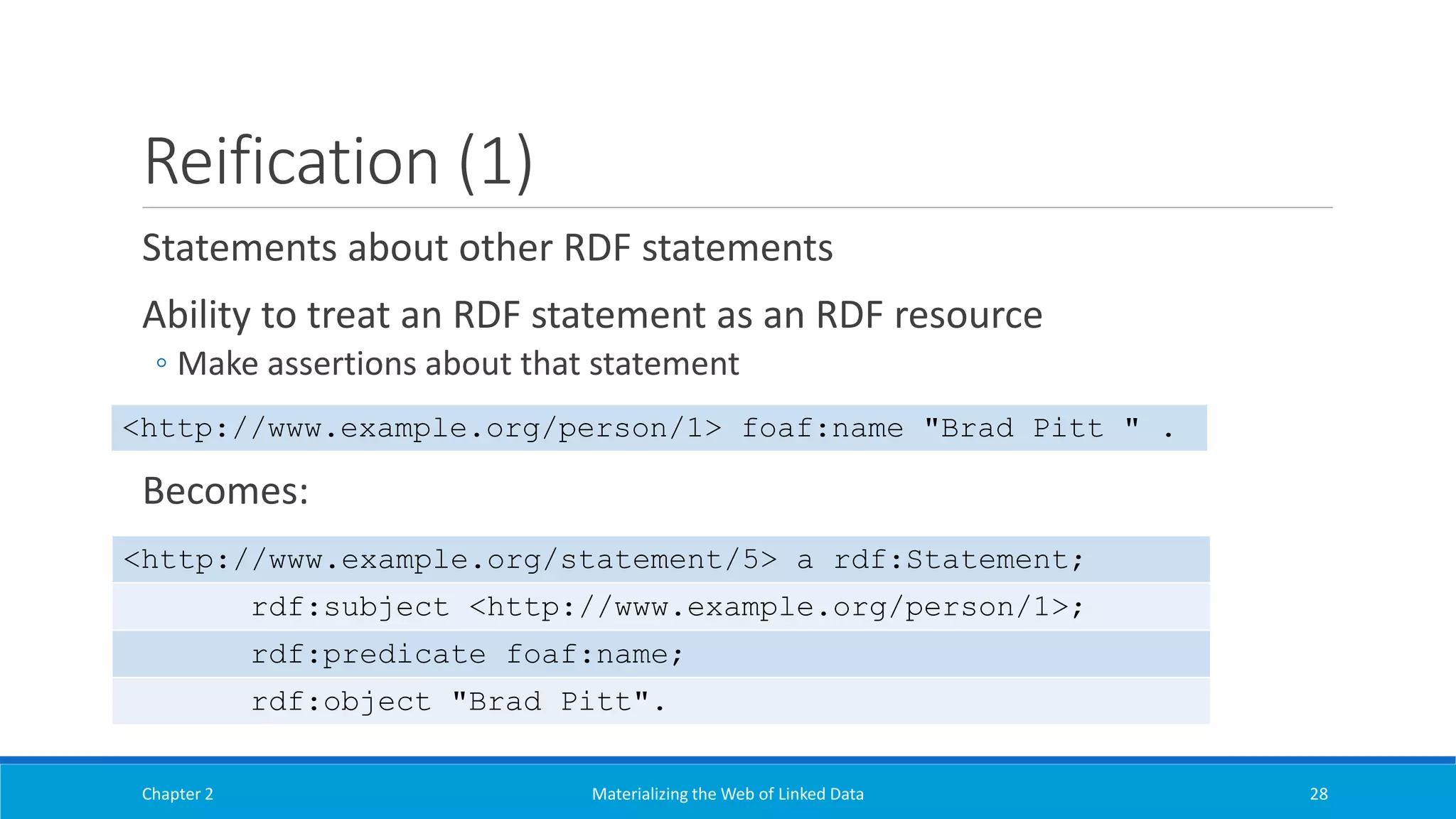 Reification (1)
Statements about other RDF statements
Ability to treat an RDF statement as an RDF resource
◦ Make assertions about that statement
Becomes:
Chapter 2 Materializing the Web of Linked Data 28
<http://www.example.org/person/1> foaf:name "Brad Pitt " .
<http://www.example.org/statement/5> a rdf:Statement;
rdf:subject <http://www.example.org/person/1>;
rdf:predicate foaf:name;
rdf:object "Brad Pitt".
 