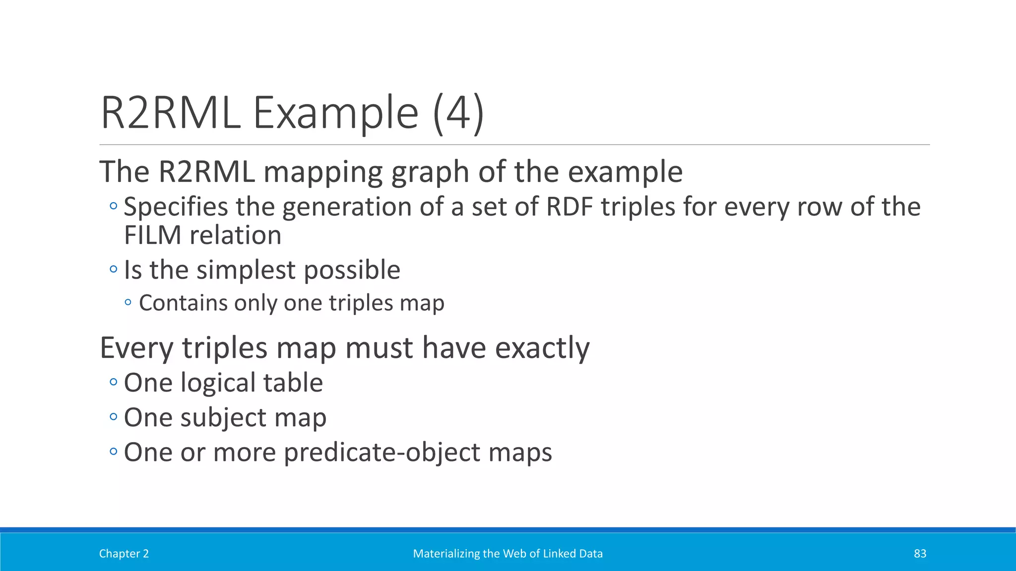 R2RML Example (4)
The R2RML mapping graph of the example
◦ Specifies the generation of a set of RDF triples for every row of the
FILM relation
◦ Is the simplest possible
◦ Contains only one triples map
Every triples map must have exactly
◦ One logical table
◦ One subject map
◦ One or more predicate-object maps
Chapter 2 Materializing the Web of Linked Data 83
 