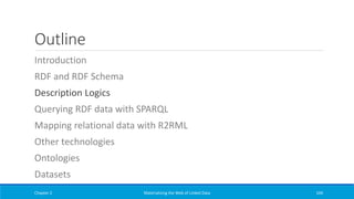 Outline
Introduction
RDF and RDF Schema
Description Logics
Querying RDF data with SPARQL
Mapping relational data with R2RML
Other technologies
Ontologies
Datasets
Chapter 2 Materializing the Web of Linked Data 104
 