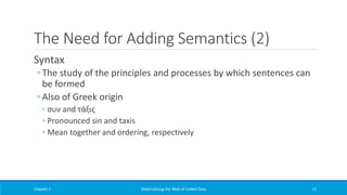 The Need for Adding Semantics (2)
Syntax
◦ The study of the principles and processes by which sentences can
be formed
◦ Also of Greek origin
◦ συν and τάξις
◦ Pronounced sin and taxis
◦ Mean together and ordering, respectively
Chapter 1 Materializing the Web of Linked Data 11
 